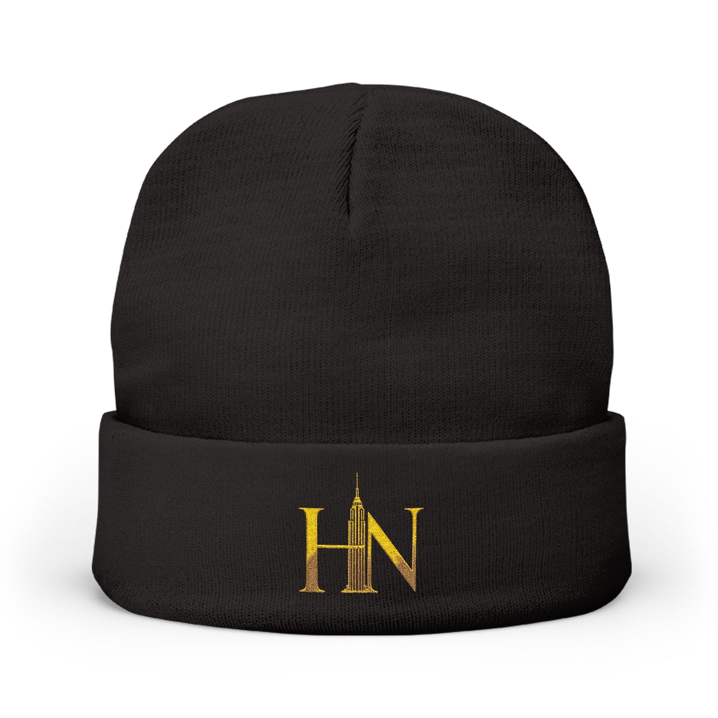Embroidered 'HN' Knit Beanie – Gold Monogram Cuffed Winter Hat