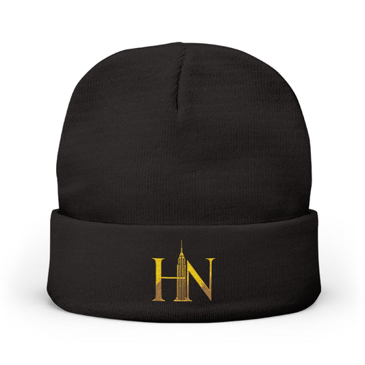 Embroidered 'HN' Knit Beanie – Gold Monogram Cuffed Winter Hat