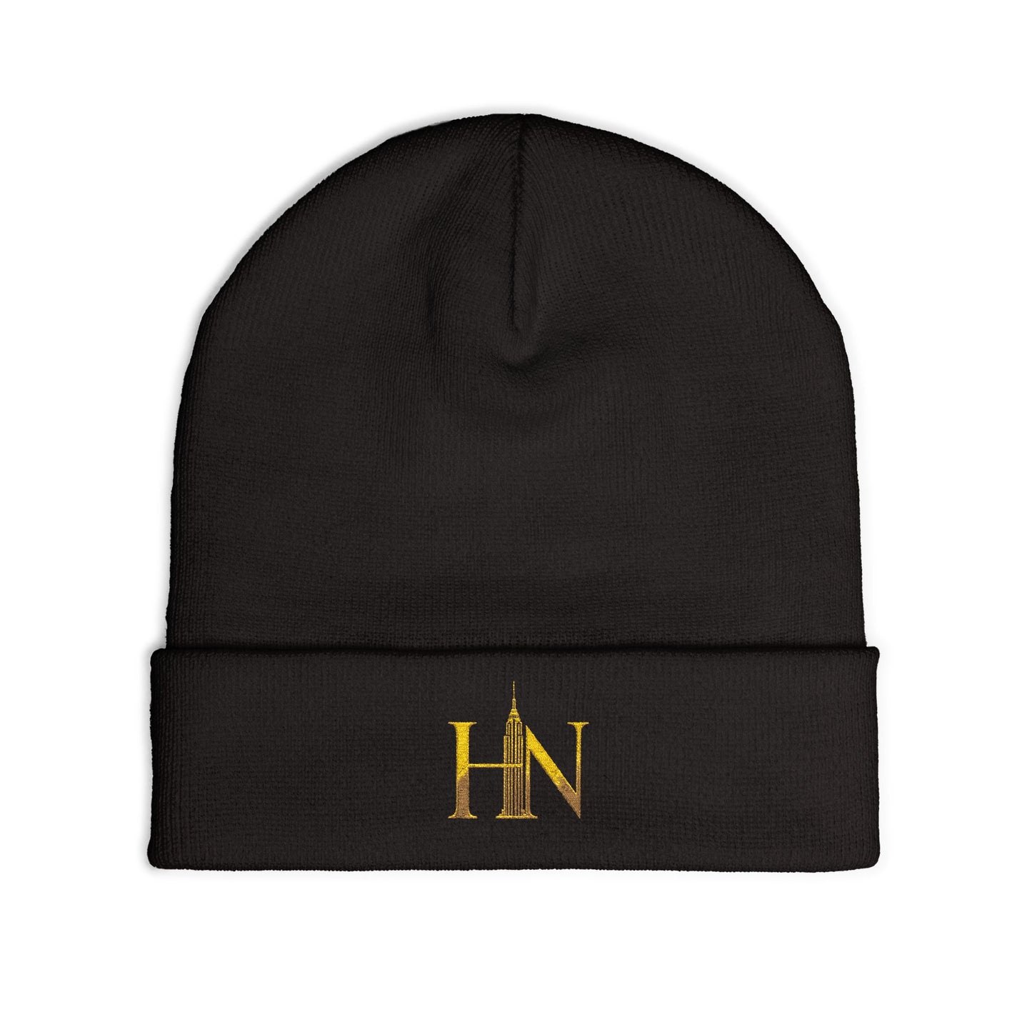 Embroidered 'HN' Knit Beanie – Gold Monogram Cuffed Winter Hat