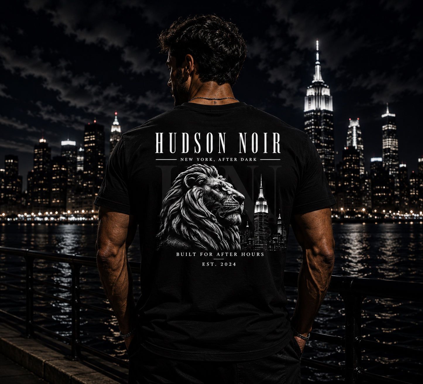 Hudson Noir Lion Graphic Tee — Vintage NYC Skyline Moisture-Wicking Shirt