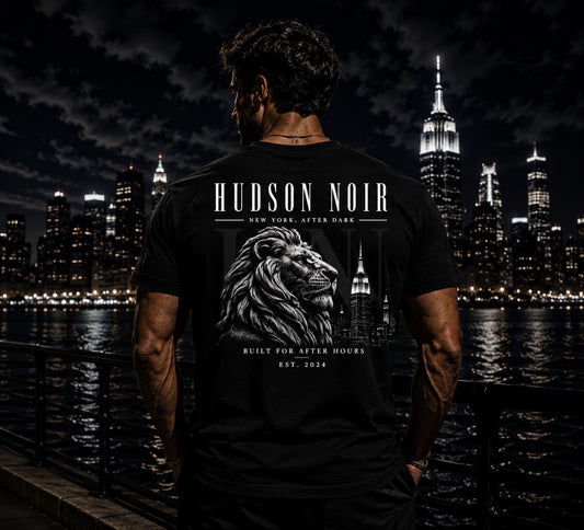 Hudson Noir Lion Graphic Tee — Vintage NYC Skyline Moisture-Wicking Shirt